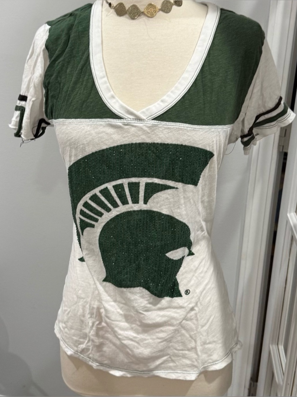 Michigan State Vintage Distressed E5 College Glittered V-Neck Tee